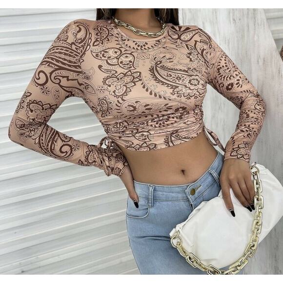 Brown Paisley Ruched Drawstring Side Long Sleeve Stretchy Crop Top Size S - Picture 1 of 7